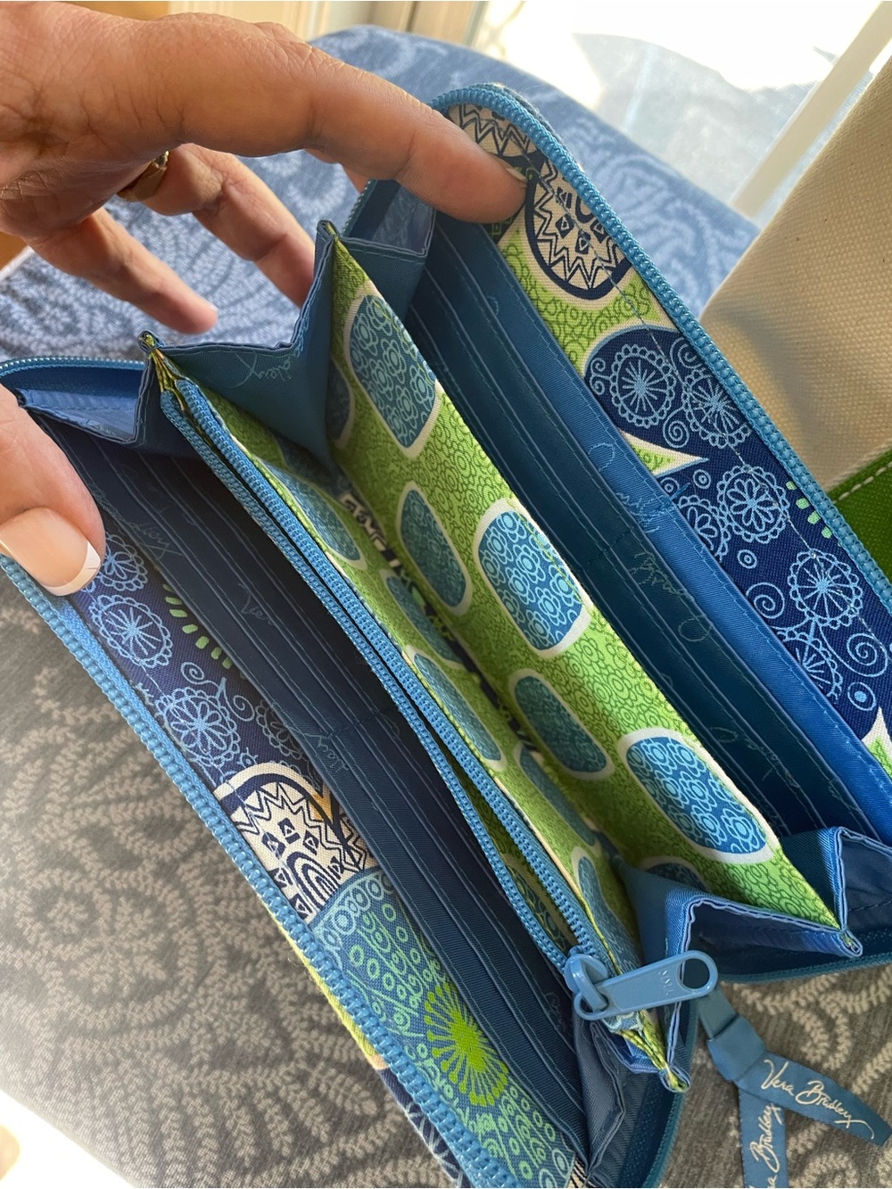 Vera Bradley Blue Ribbon Zip Pull with Lime Green Trim